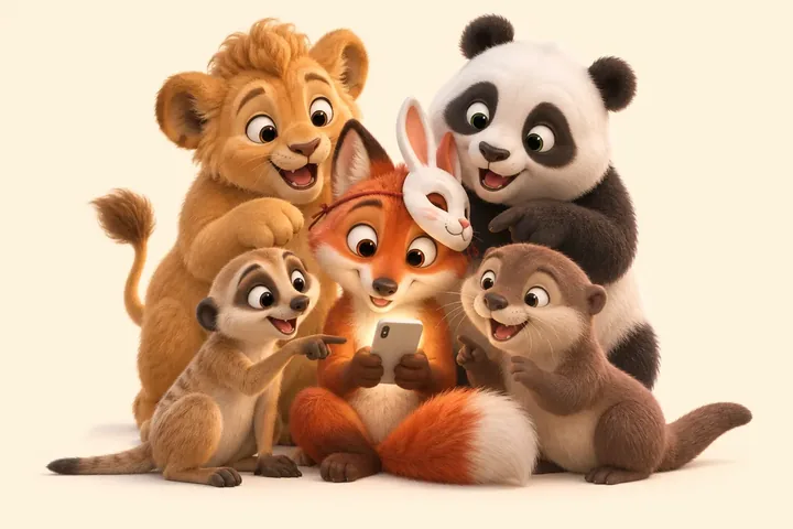 Animals crowding around one phone, excited about what they see