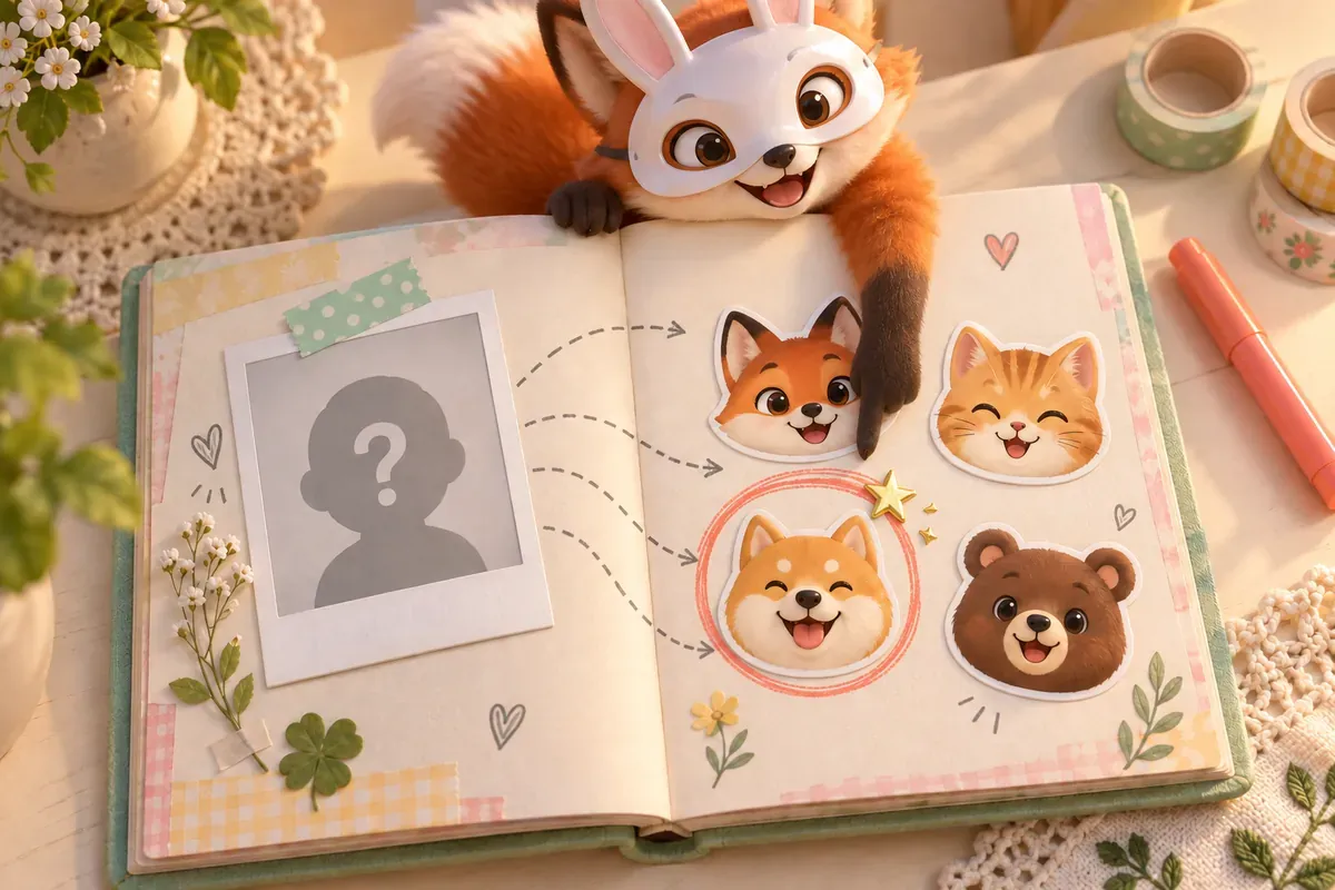 An open scrapbook: dotted lines run from a “?” selfie photo on the left page to fox, cat, dog and bear stickers. The dog sticker is circled in red pen with a gold star, and a fox in a rabbit mask peeks over the top, pointing at it