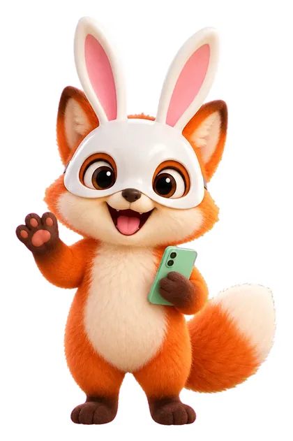 A fox wearing a bunny mask, holding a phone and waving