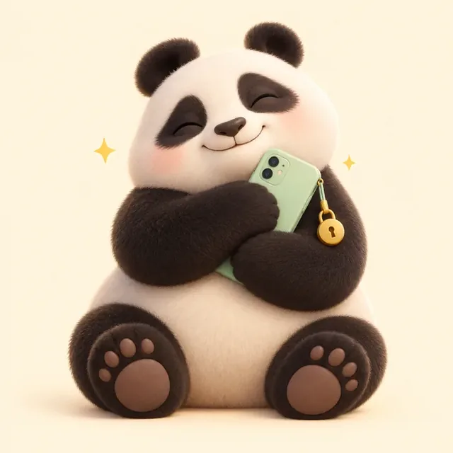 A panda hugging a phone with a padlock charm