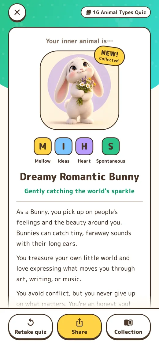 Personality Quiz result screen, showing an example result of Dreamy Romantic Bunny