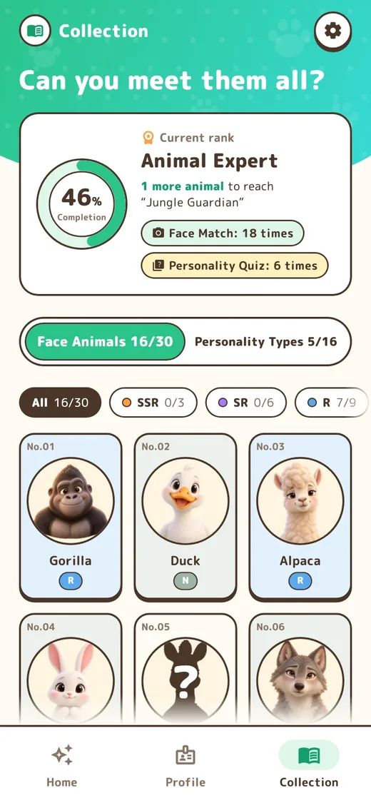 Collection screen with 16 animals found and silhouettes of the ones not found yet